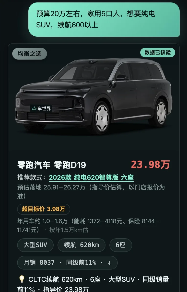 车世界·智选 AI 推荐结果真实界面